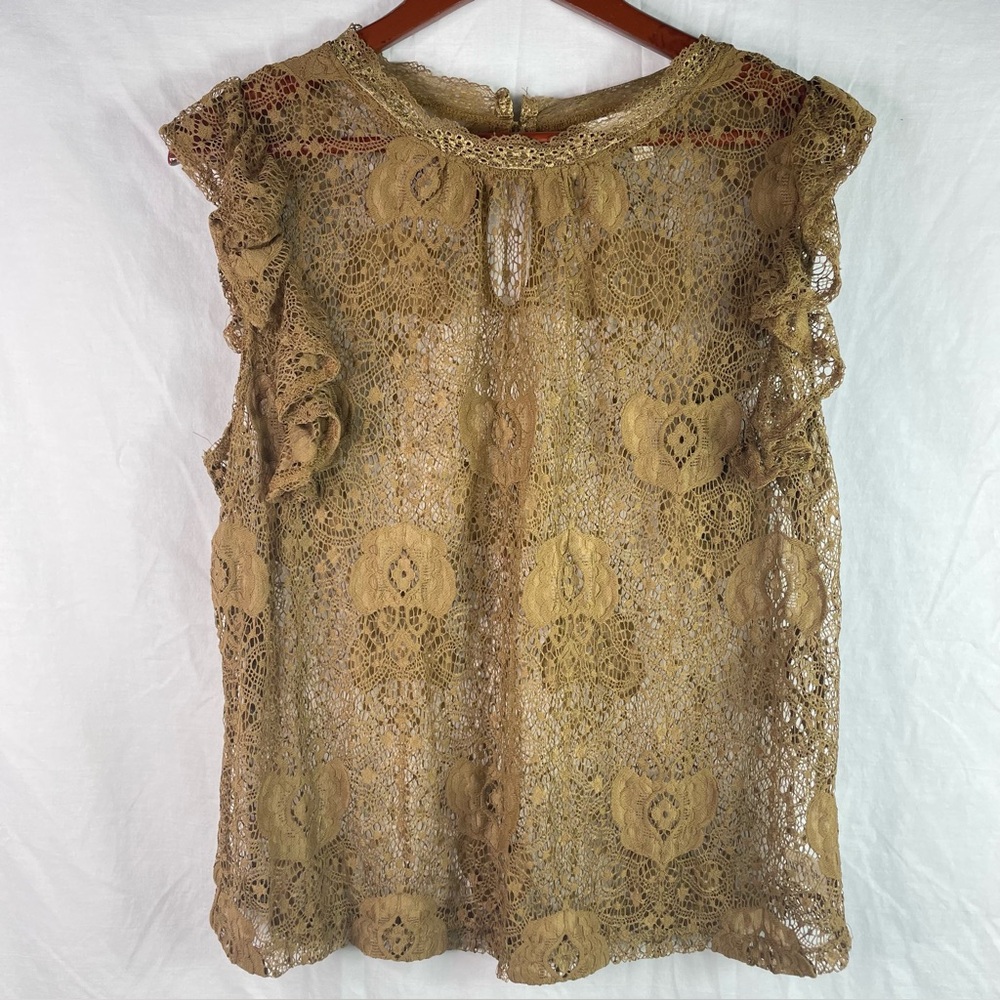 ADIVA Women Brown Sheer Flutter Sleeve High Neck Fairy Festival Lace Top Size L